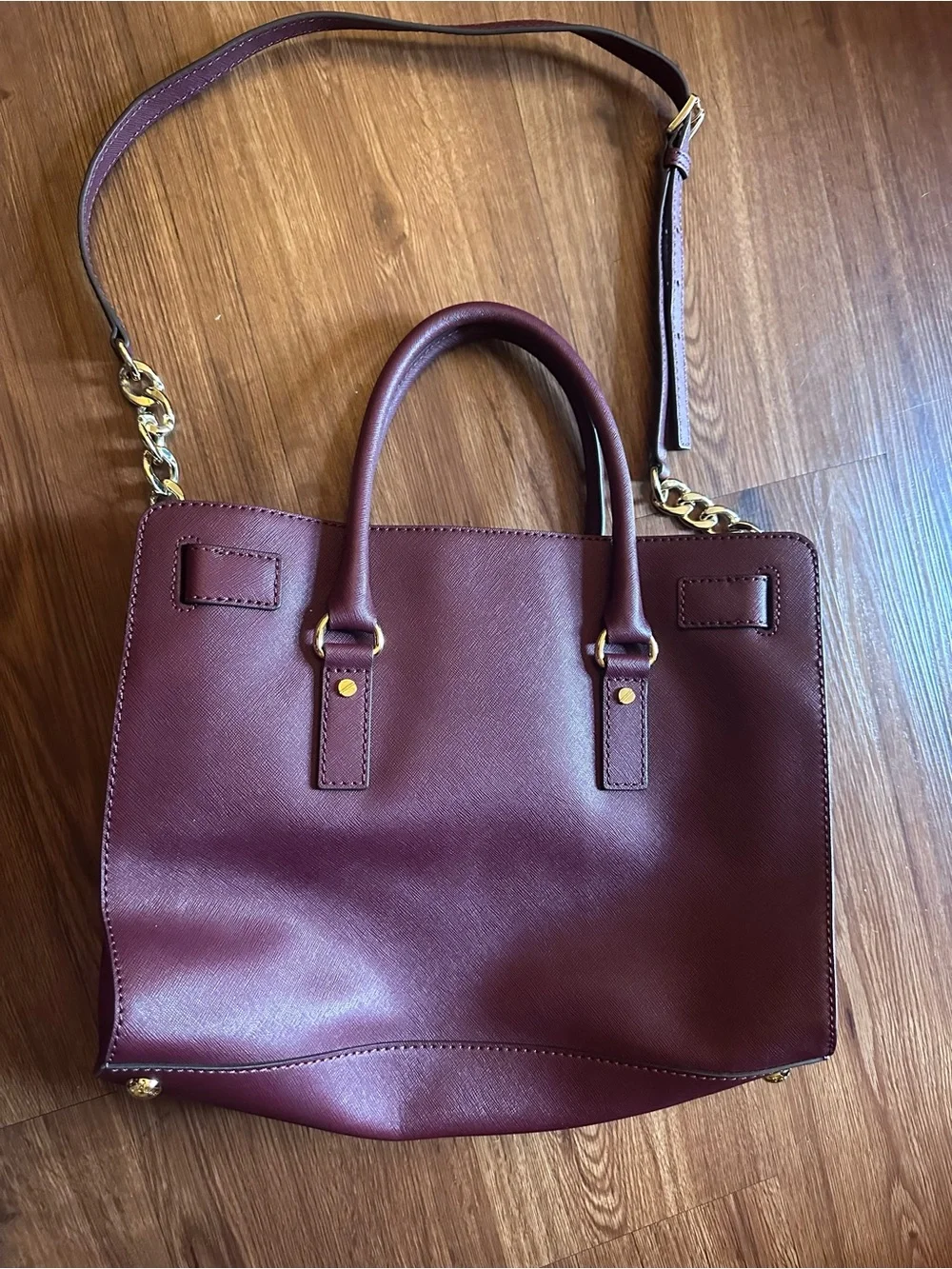 Michael Kors Hamilton Deep Merlot Leather Satchel Gold Hardware
